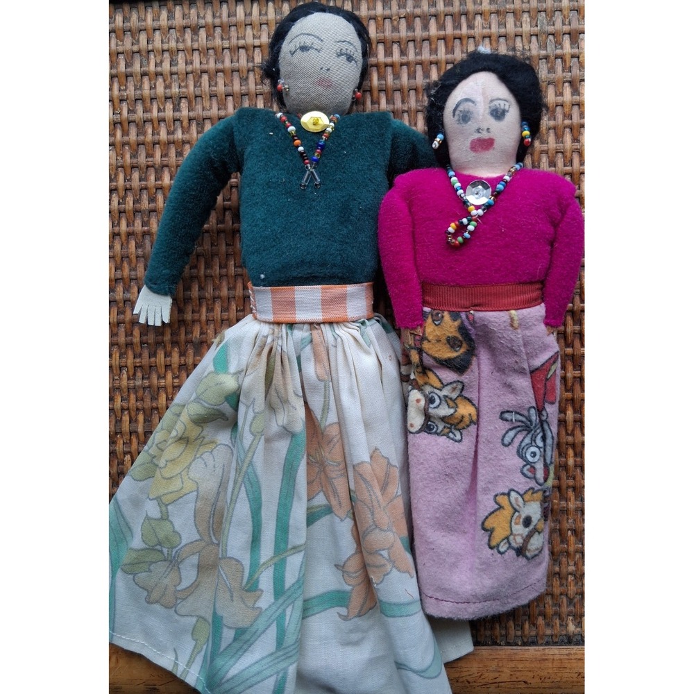 Vintage Handmade Cloth Dolls Set of 2 Southwestern Folk Art Hand Painted Faces